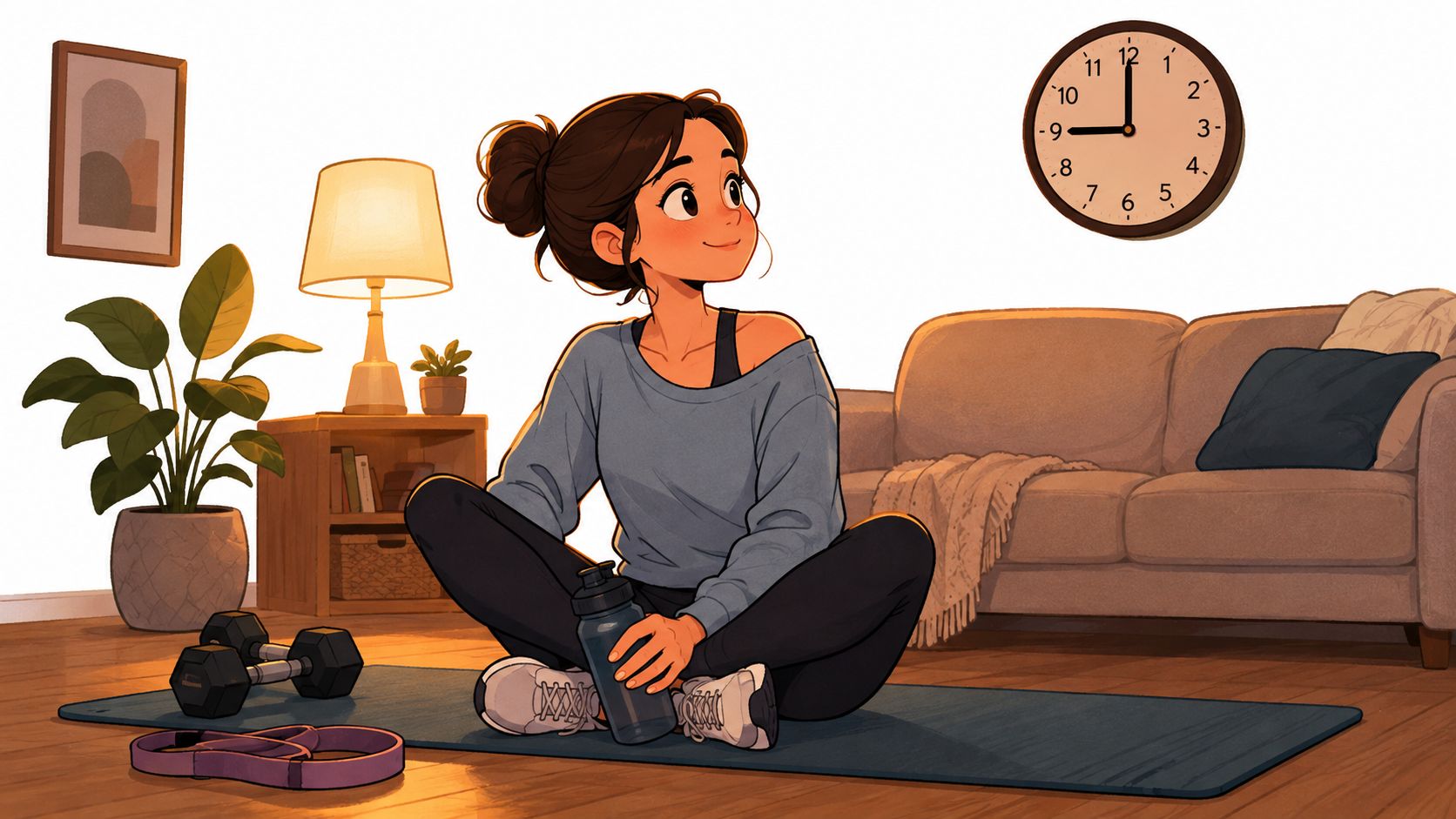 A young woman sitting on a yoga mat with a water bottle after a home workout session.