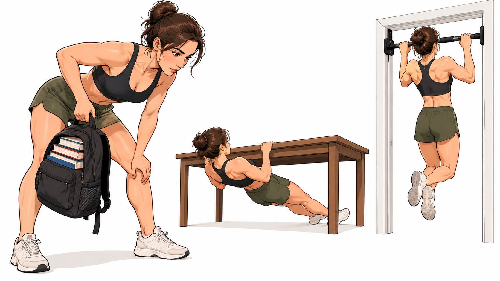 A woman demonstrating three different upper body strength exercises using a backpack, a table, and a pull-up bar.