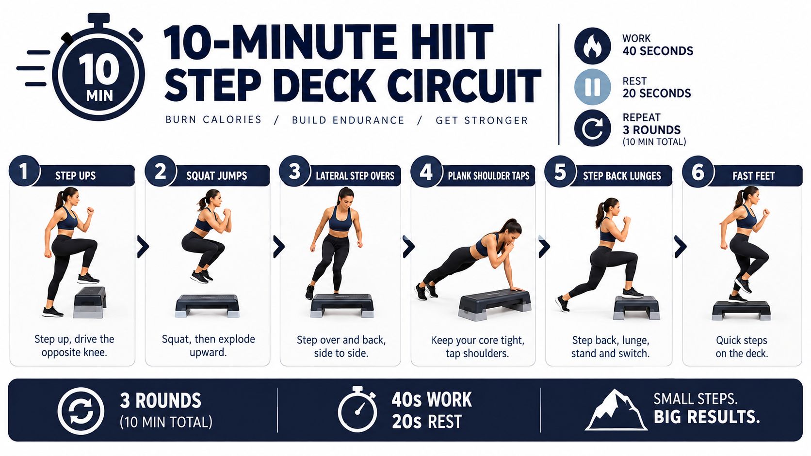 A fitness infographic displaying a ten-minute HIIT step deck circuit with six distinct exercise steps and instructions.