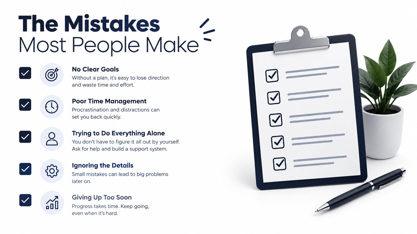 A graphic listing common productivity mistakes such as no clear goals, poor time management, and giving up soon.