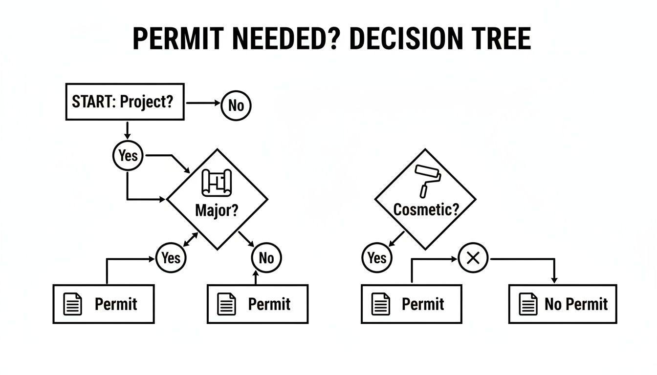 A decision tree flowchart titled 'Permit Needed?' illustrating steps to determine if a project requires a permit.