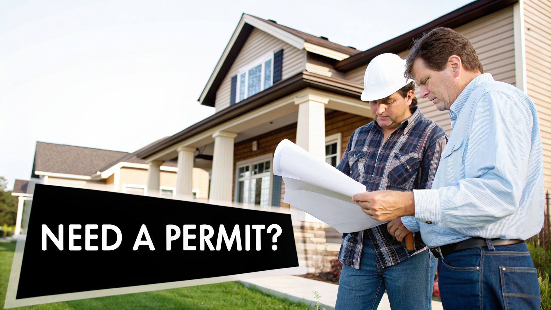 Two construction workers or homeowners discussing blueprints in front of a house with a 'NEED A PERMIT?' sign.
