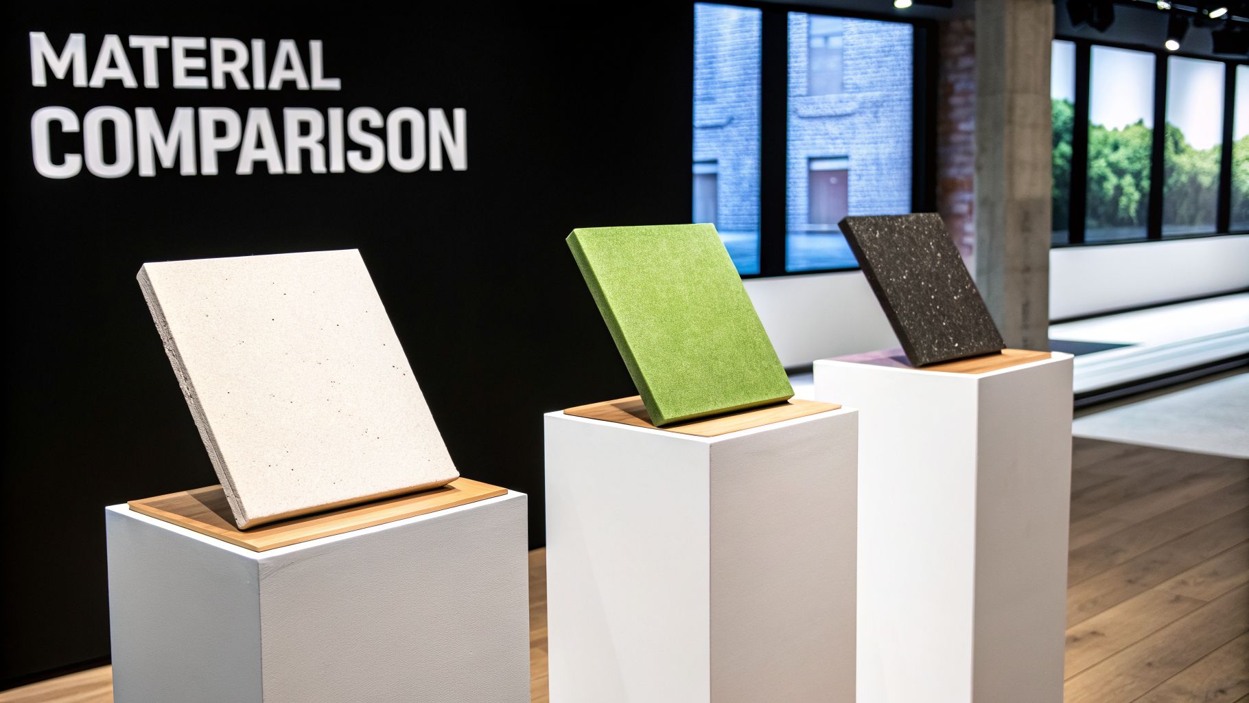 Three distinct material samples in white, green, and black displayed for comparison in a showroom.