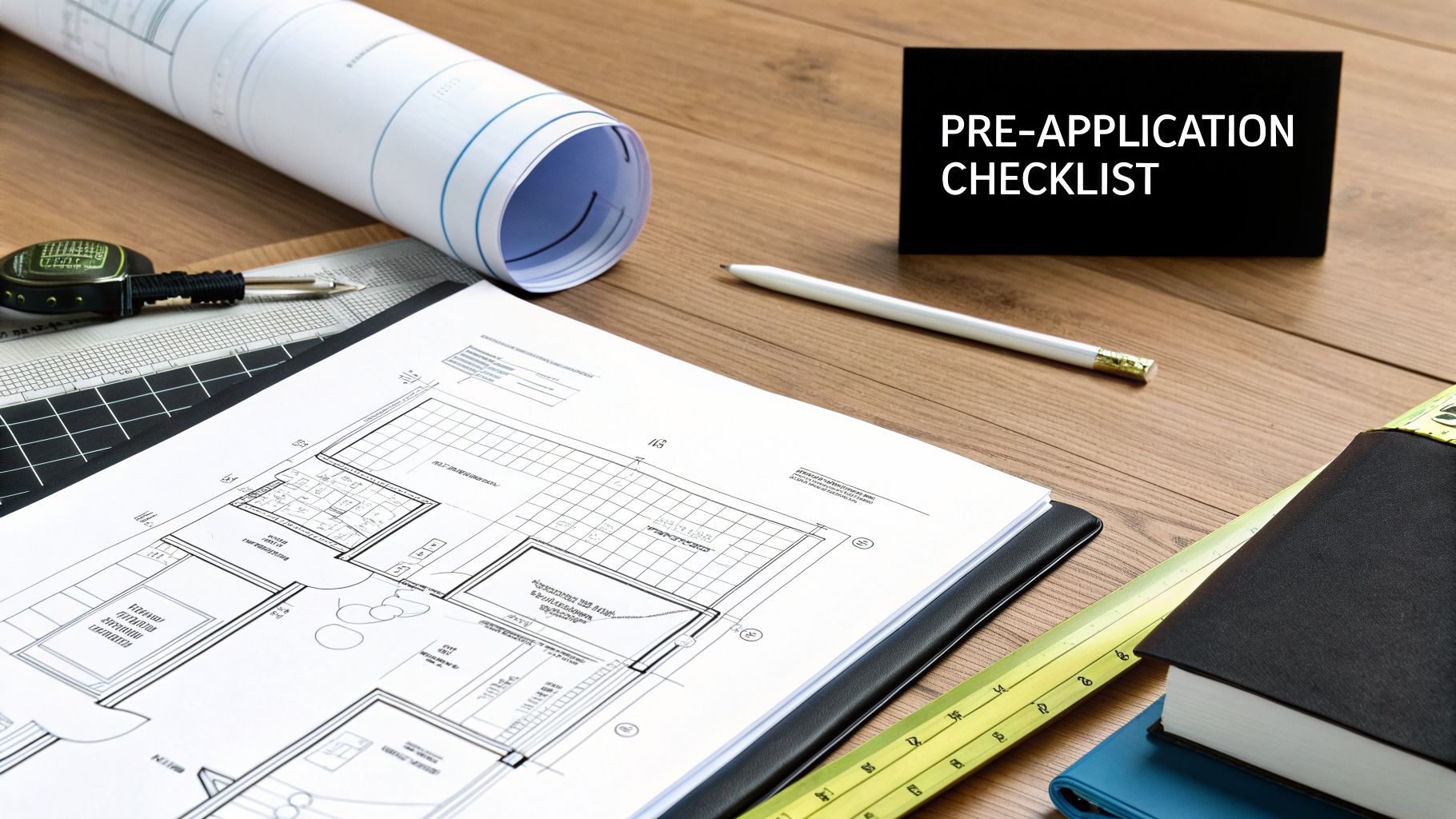 Architectural blueprints, construction tools, and a 'PRE-APPLICATION CHECKLIST' sign on a wooden desk.