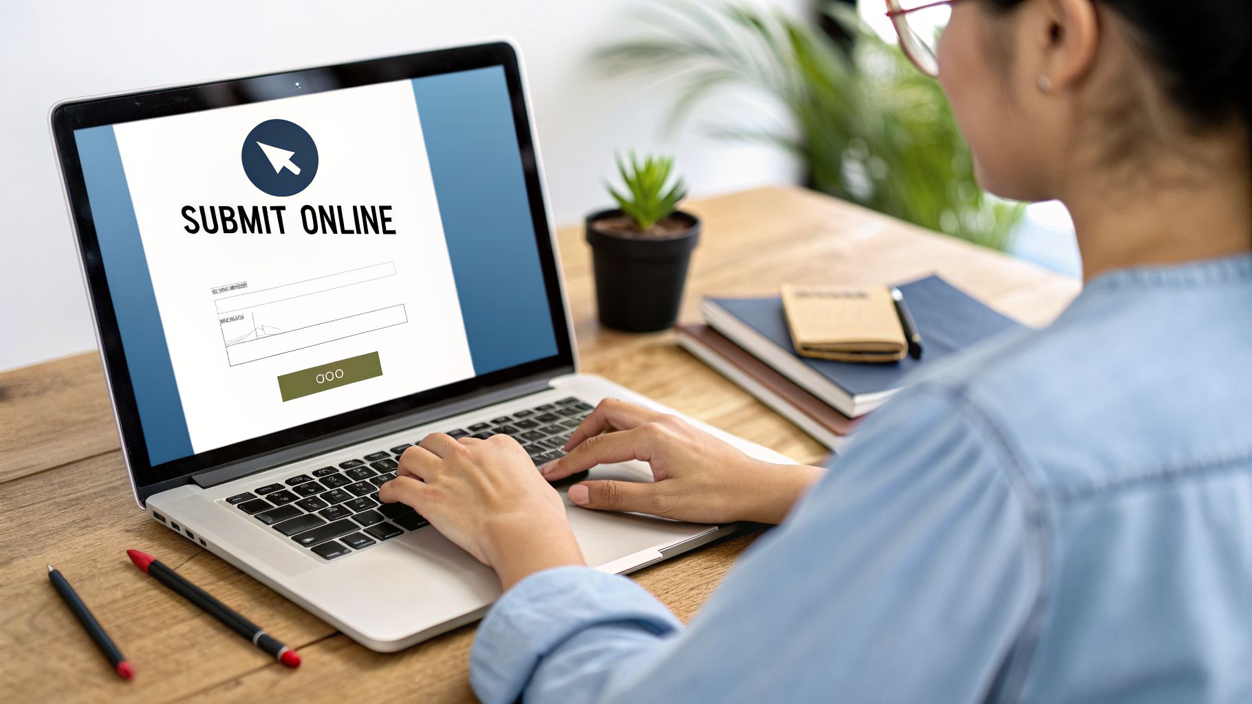 A person types on a laptop displaying a 'Submit Online' form on a wooden desk.
