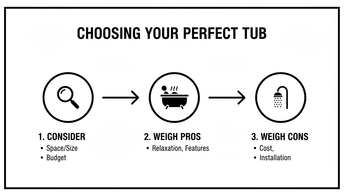 Infographic outlining three steps to choose your perfect tub: consider, weigh pros, weigh cons.