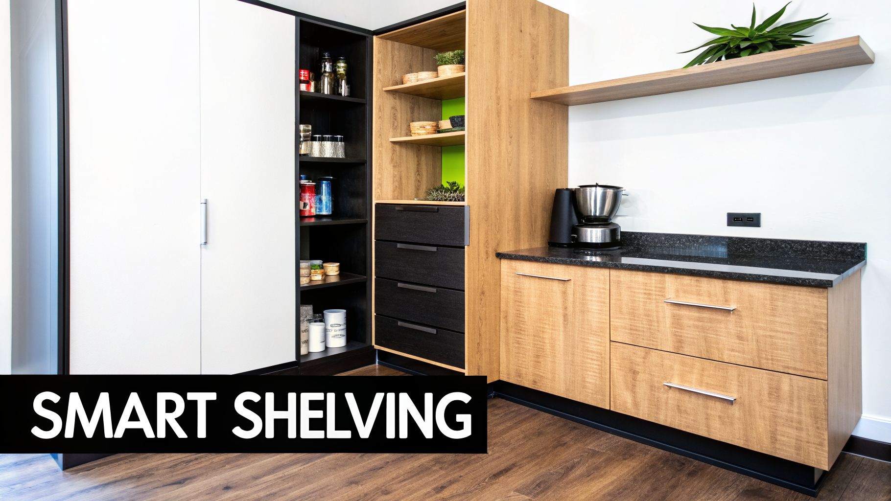 A modern walk-in pantry featuring white doors, black open shelving, light wood cabinets, and a coffee station.