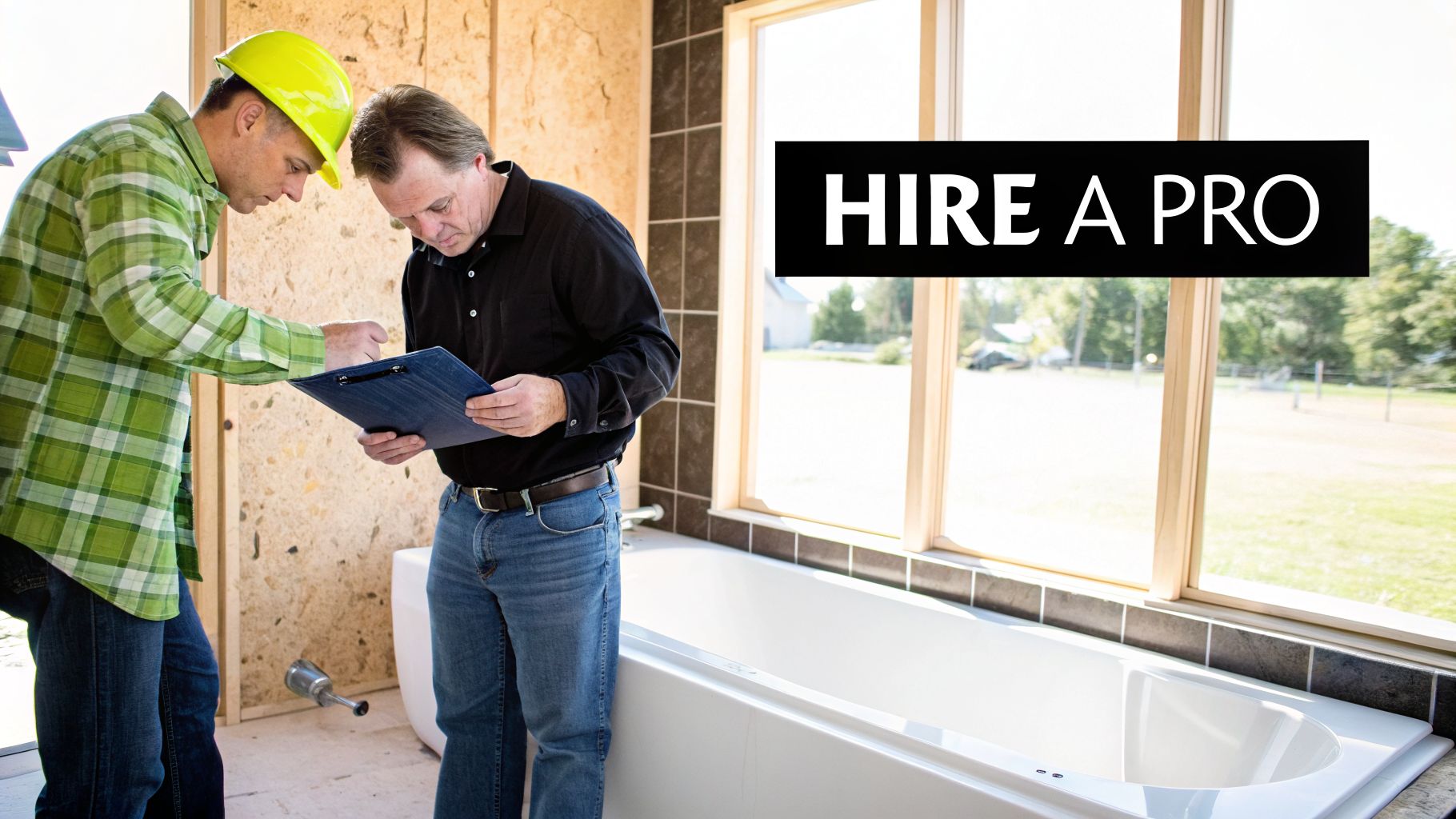 Two men, one a construction worker, review plans for a bathroom renovation with a new drop-in bathtub.