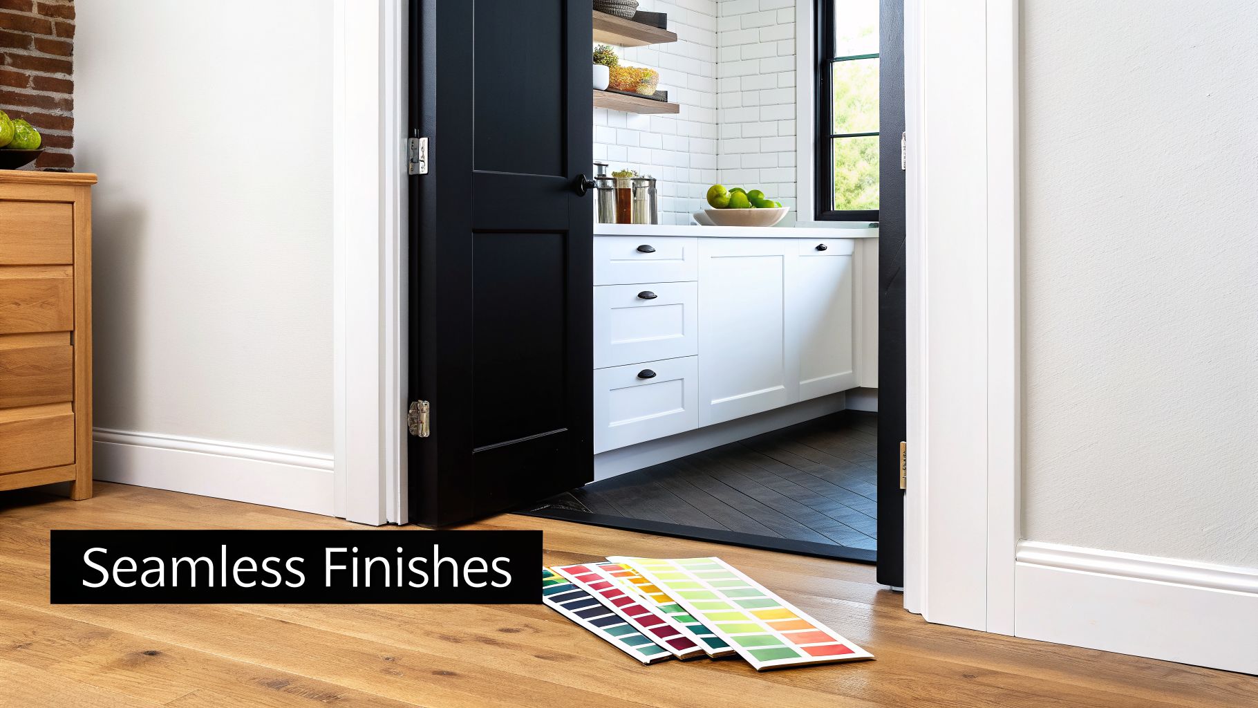 Modern black door opens to a kitchen, featuring white cabinets, wood floors, and color finish samples.