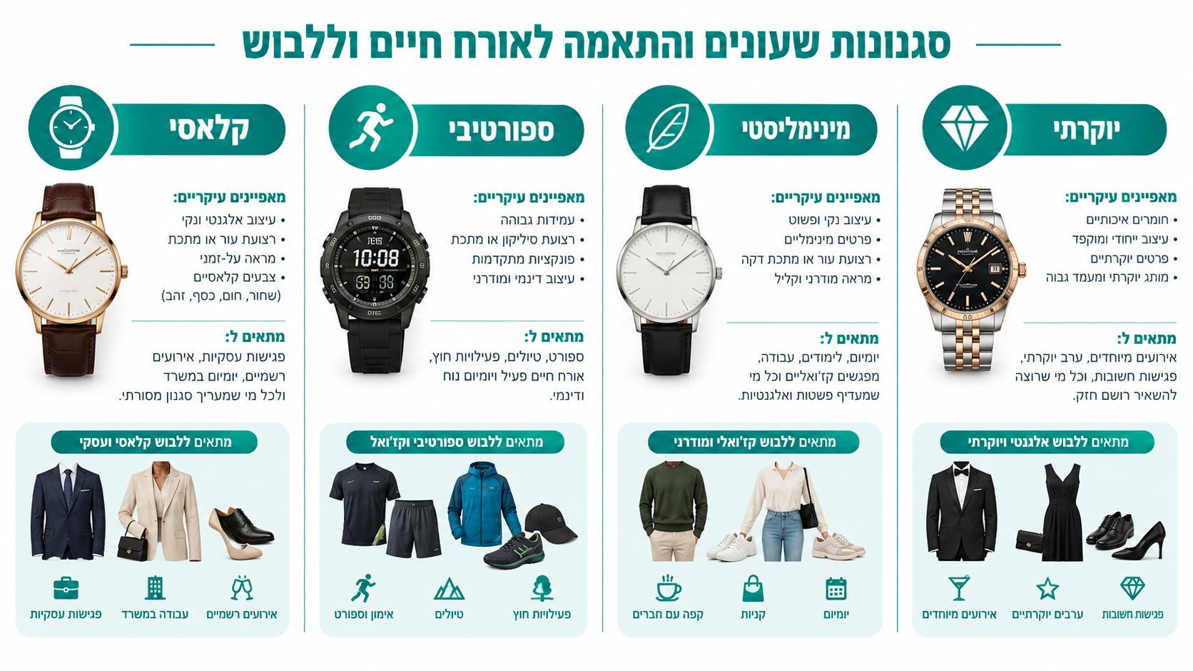 אינפוגרפיקה המציגה ארבעה סגנונות שעונים שונים עם המלצות ללבוש והתאמה לאירועים שונים בחיי היומיום והעסקים.