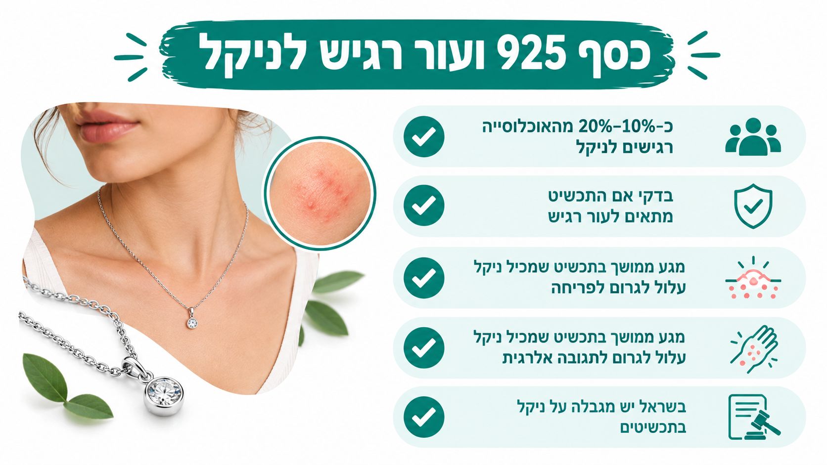 אישה עונדת שרשרת כסף עם תליון, לצד אינפוגרפיקה המסבירה על רגישות לעור וסכנות ניקל בתכשיטים