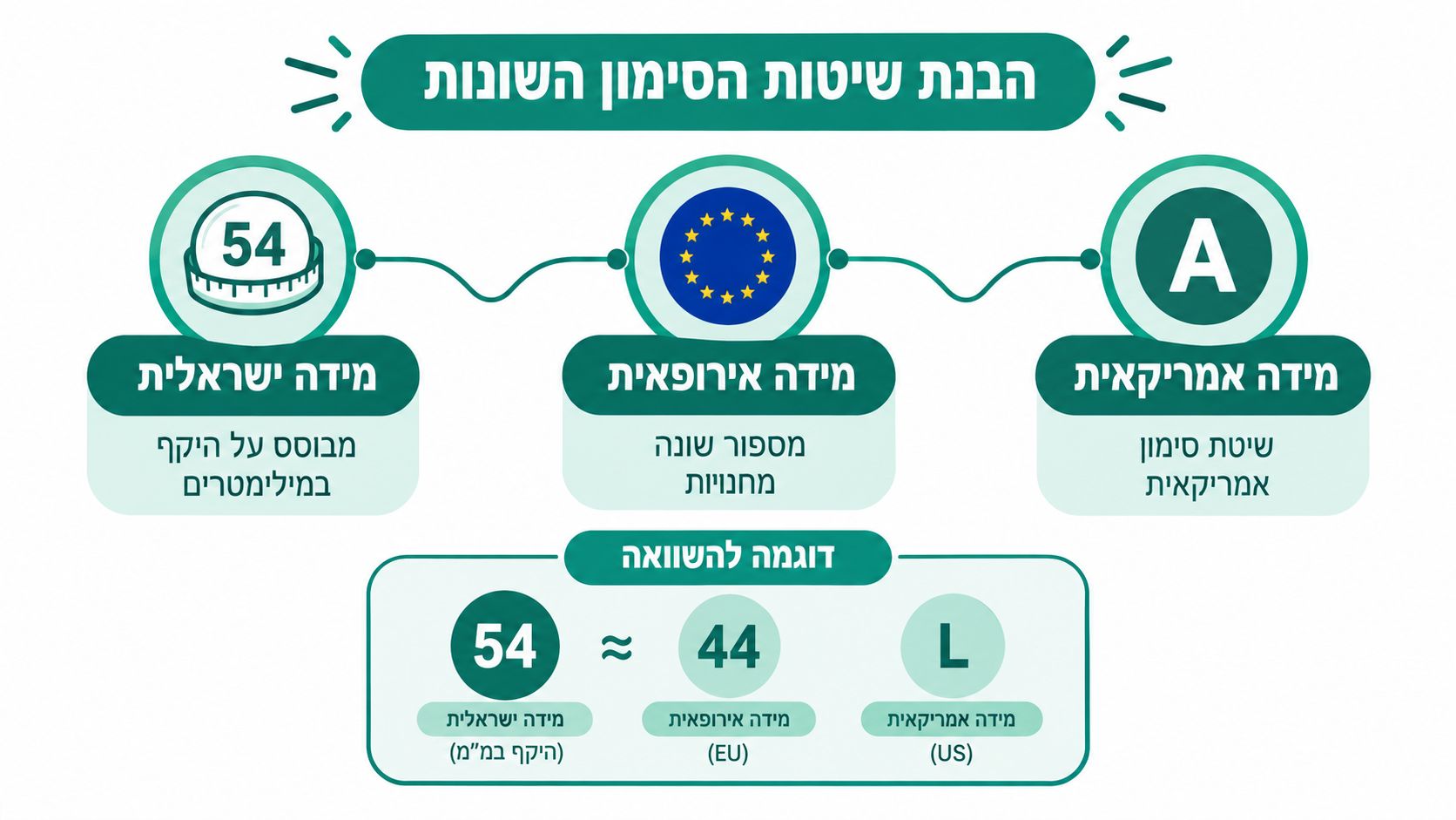 תרשים המציג השוואה בין שיטות סימון מידות טבעות שונות: ישראלית, אירופאית ואמריקאית להבנת ההבדלים ביניהן.