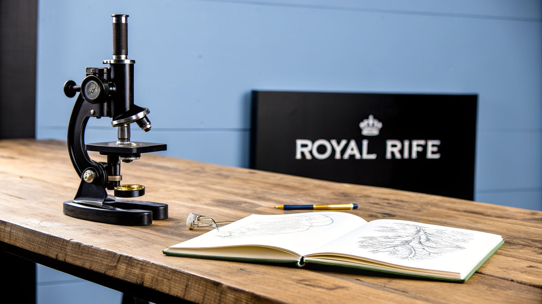 A vintage black microscope, open notebook, and pen on a wooden desk, with a 'Royal Rife' sign.