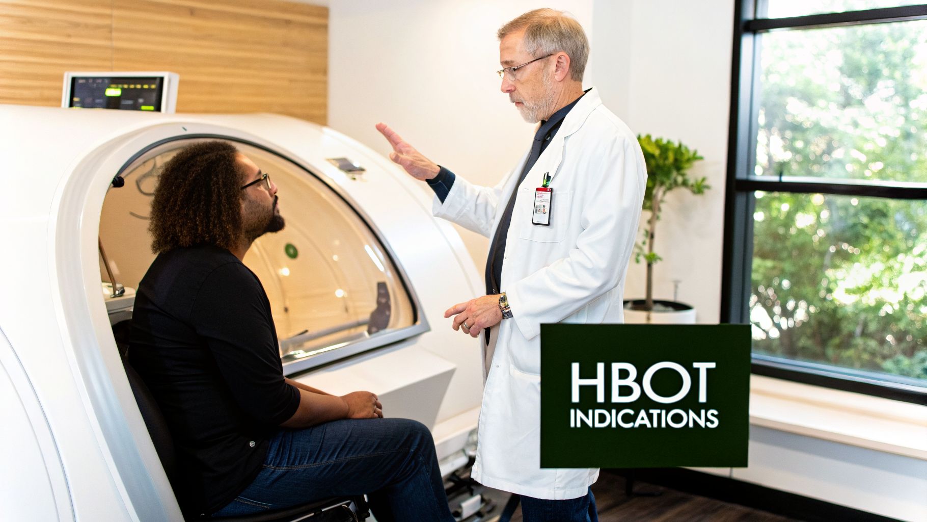 A doctor in a lab coat explains hyperbaric oxygen therapy to a patient by the chamber.