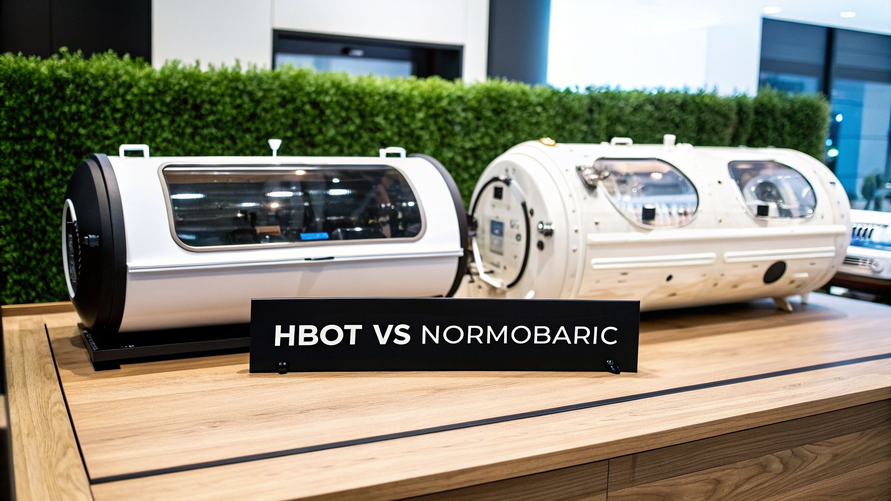 Side-by-side display of HBOT and Normobaric oxygen therapy chambers on a wooden table.