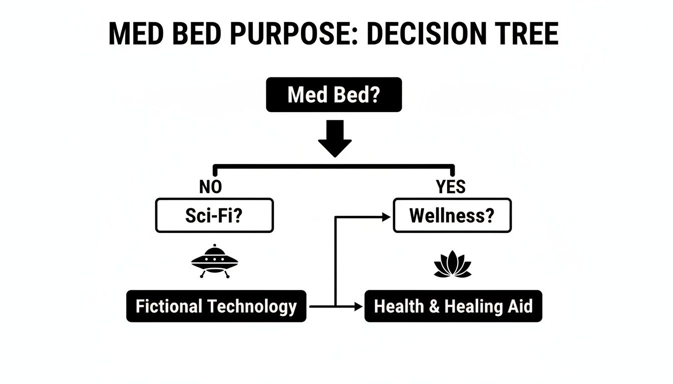 Decision tree outlining the different purposes of a 'Med Bed': fictional technology versus health aid.