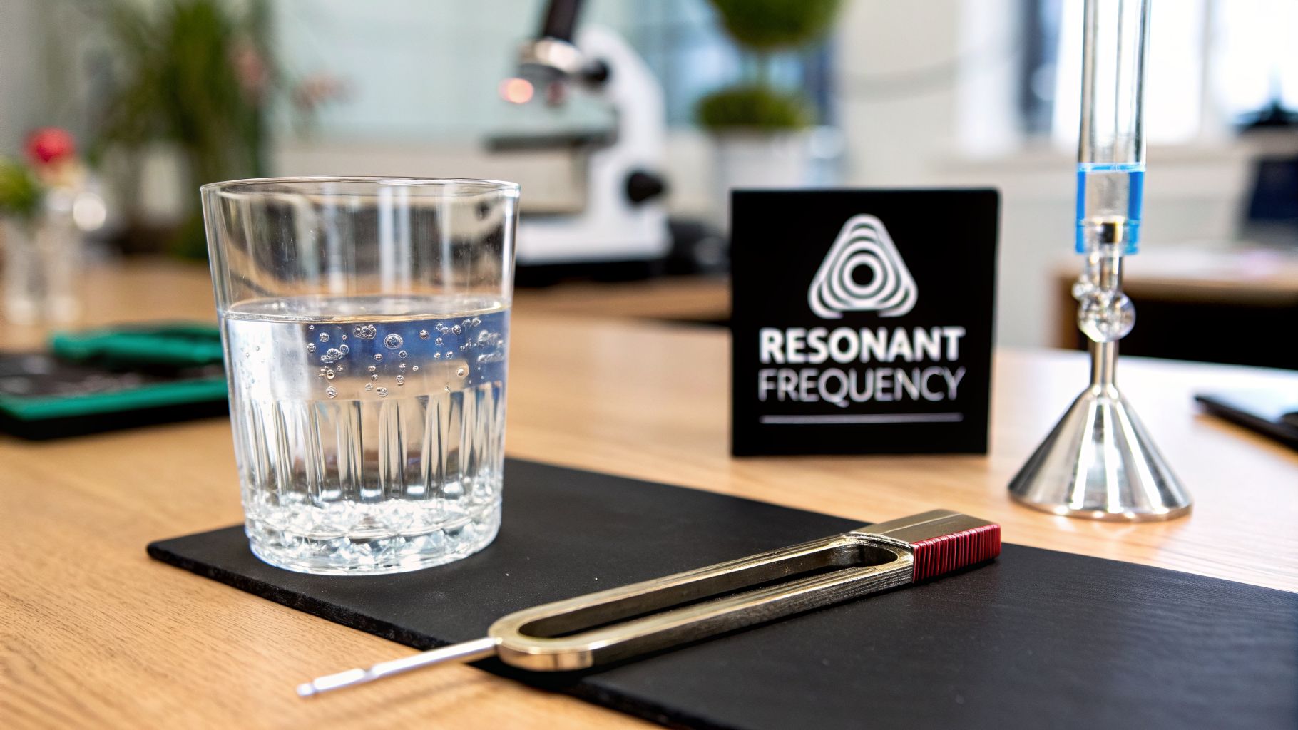 A glass of sparkling water, a tuning fork, and a 'Resonant Frequency' sign on a desk.