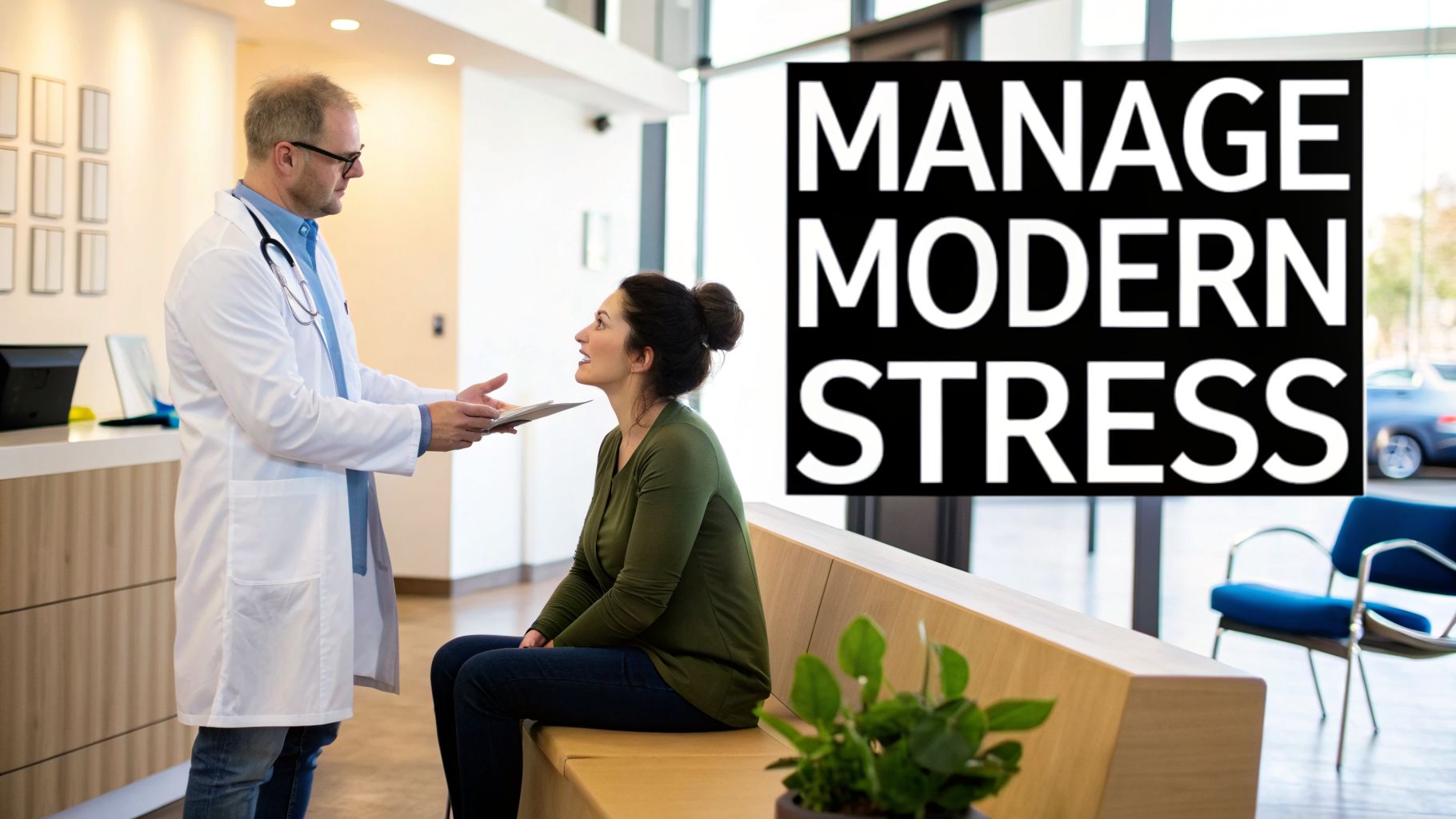 A male doctor in a white coat consults a female patient in a modern clinic waiting area, with text 'MANAGE MODERN STRESS'.