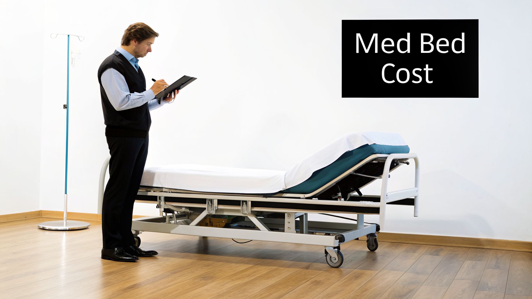 Medical professional with a clipboard stands next to a hospital bed, IV pole, and "Med Bed Cost" sign.