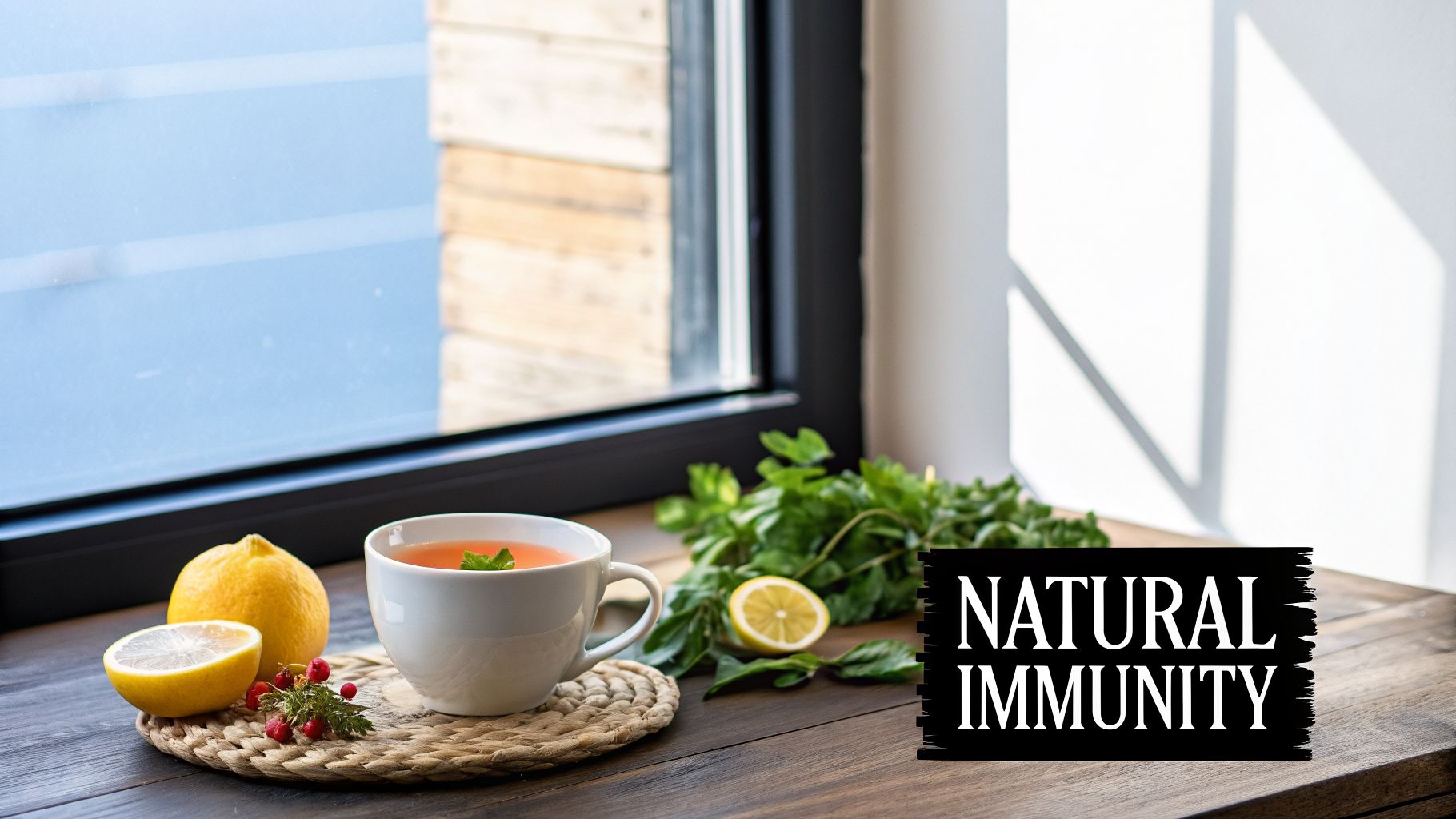 A cup of tea with lemons, berries, and herbs on a wooden table, promoting natural immunity.