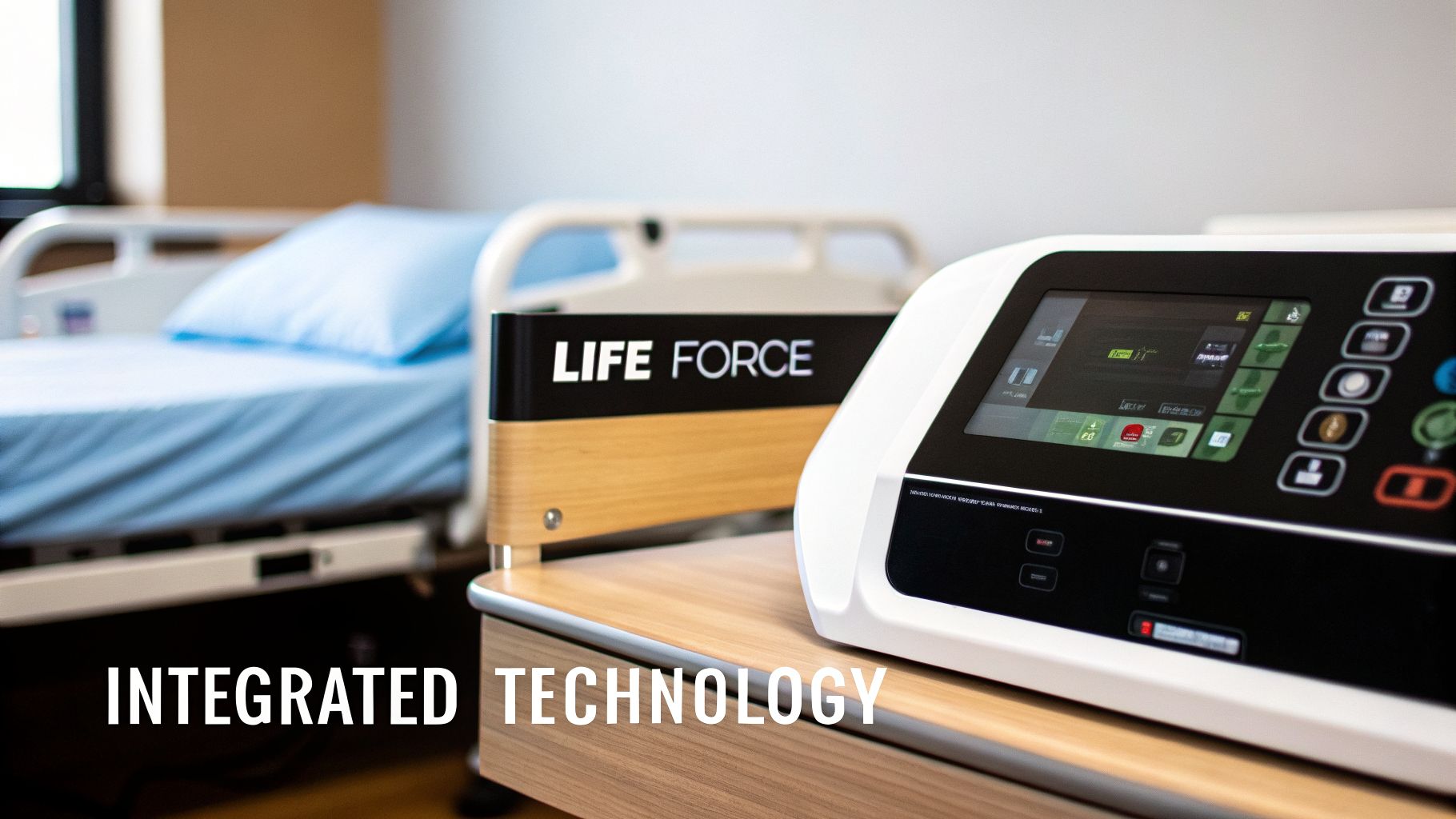 A clean hospital room with a blue-sheeted medical bed and a 'LIFE FORCE' technology device.