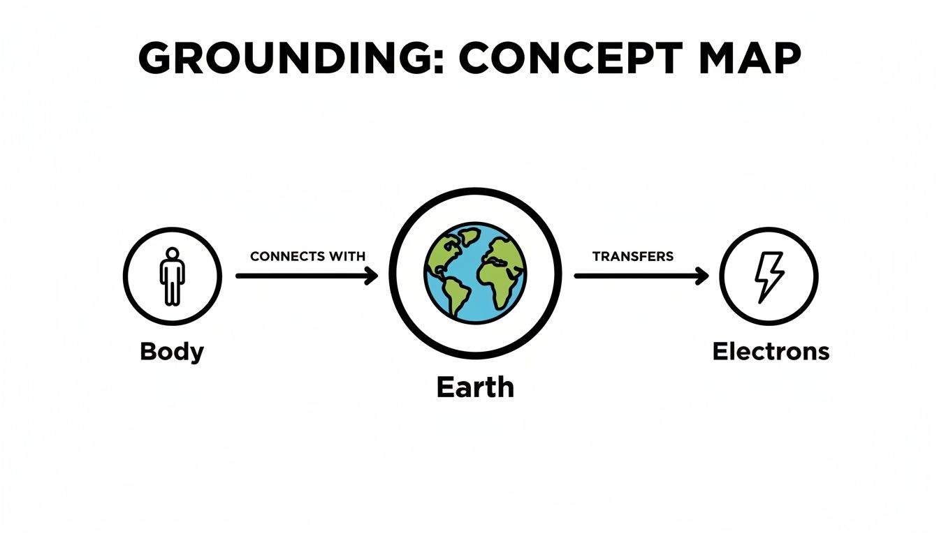 A concept map titled 'Grounding' showing body connects with Earth, which transfers electrons.