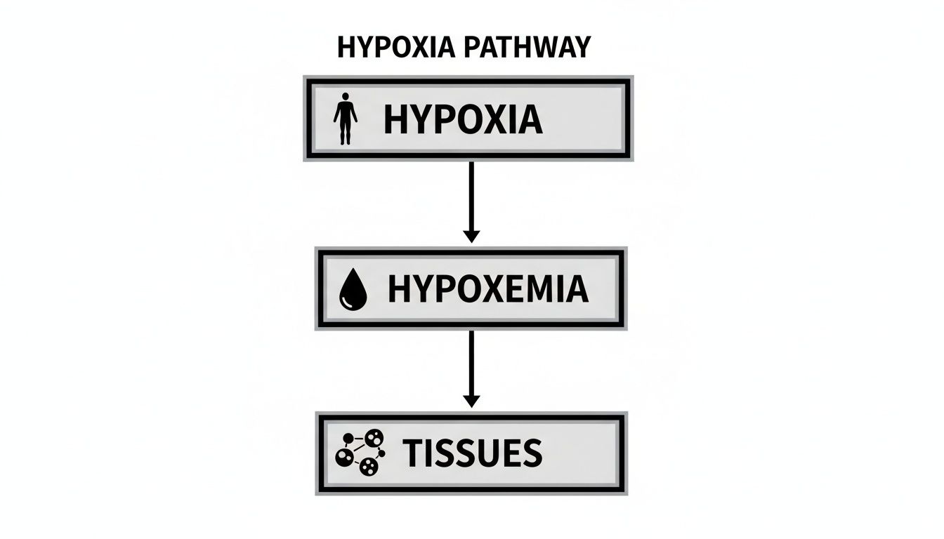 A flowchart illustrates the hypoxia pathway: Hypoxia leads to Hypoxemia, which then affects Tissues.
