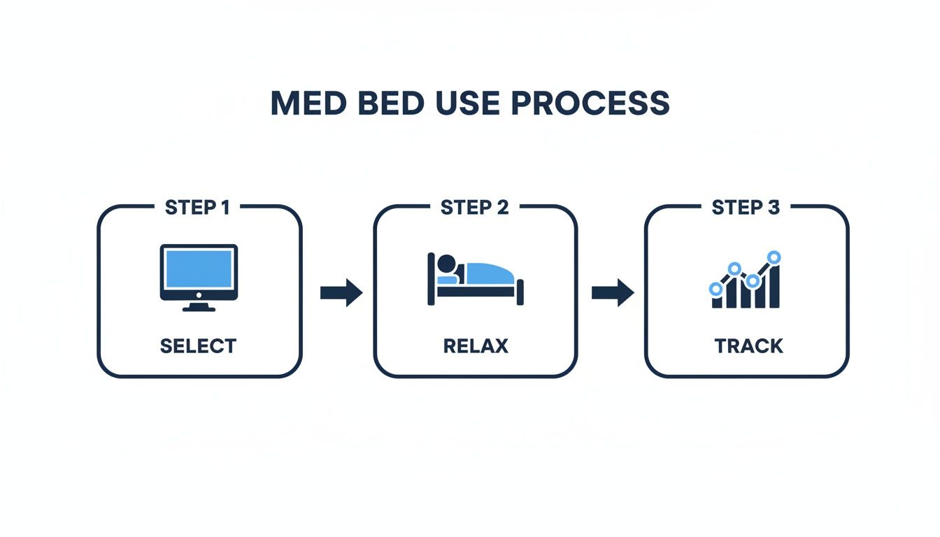 A three-step flowchart illustrates the 'Med Bed Use Process': Select, Relax, and Track.