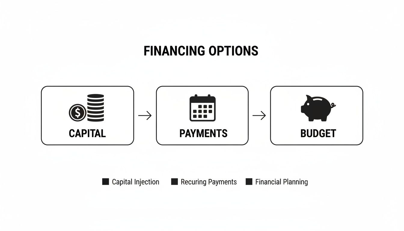 A flowchart illustrating financing options with capital, payments, and budget steps, represented by icons and arrows.