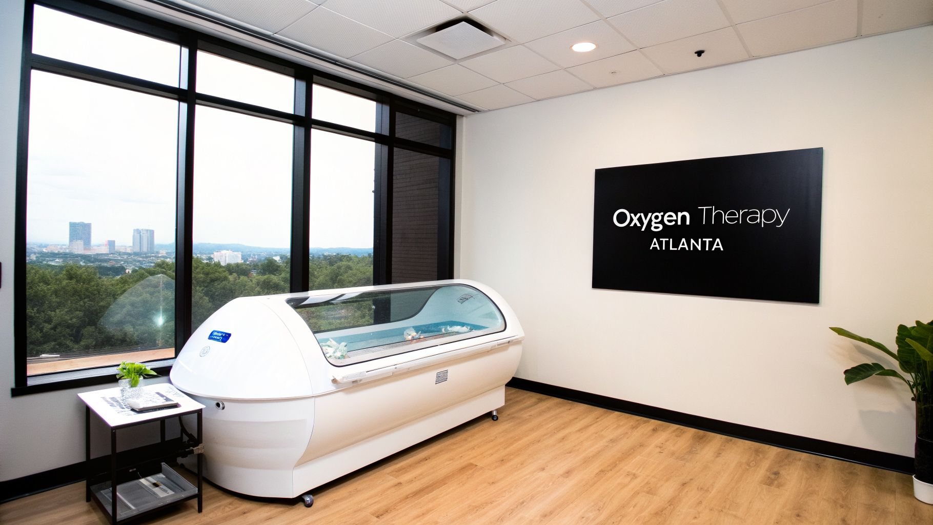 An oxygen therapy chamber in a bright, modern room with a city skyline view and 'Oxygen Therapy Atlanta' sign.
