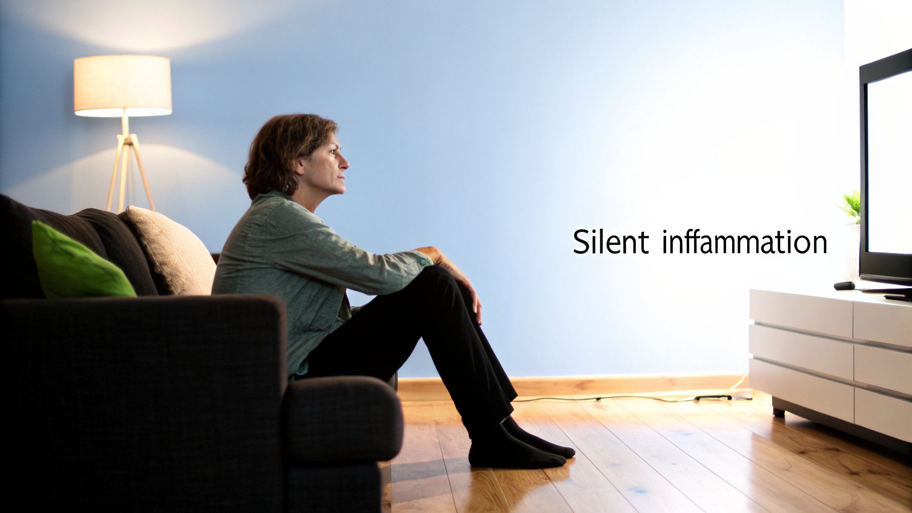 A woman sits on the living room floor, looking contemplatively at a TV screen, with text about silent inflammation.