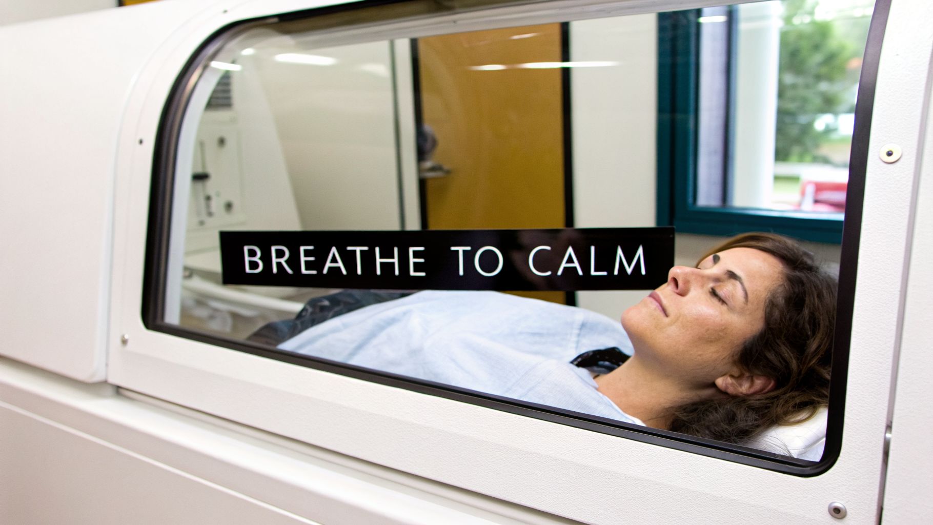 A peaceful woman lying in a medical chamber, with a 'Breathe to Calm' sign visible.