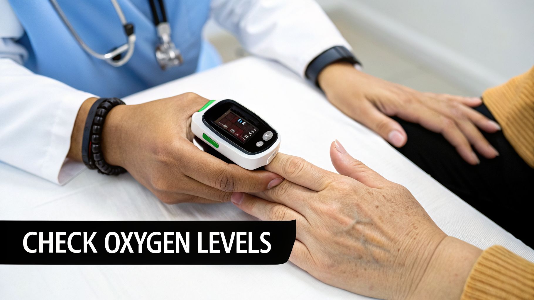 Medical professional checking a patient's oxygen levels with a finger pulse oximeter at a clinic.