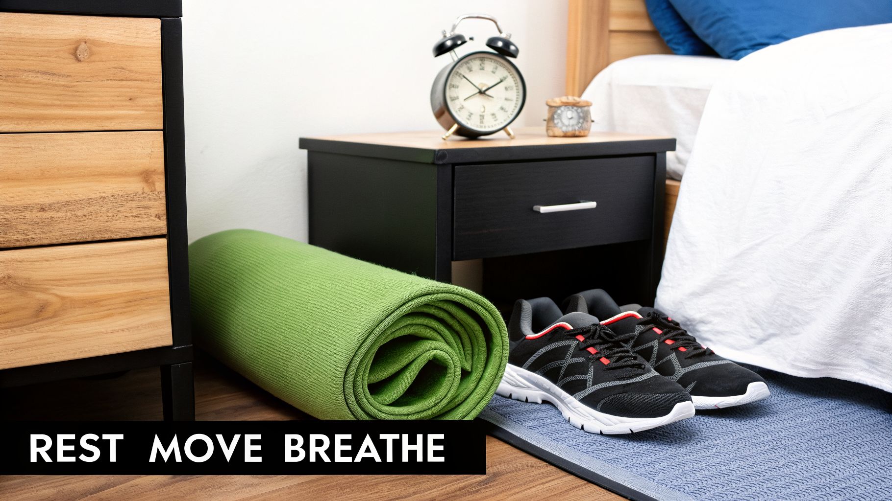 A rolled green yoga mat and black running shoes next to a bed and nightstand with an alarm clock, promoting a healthy morning routine.