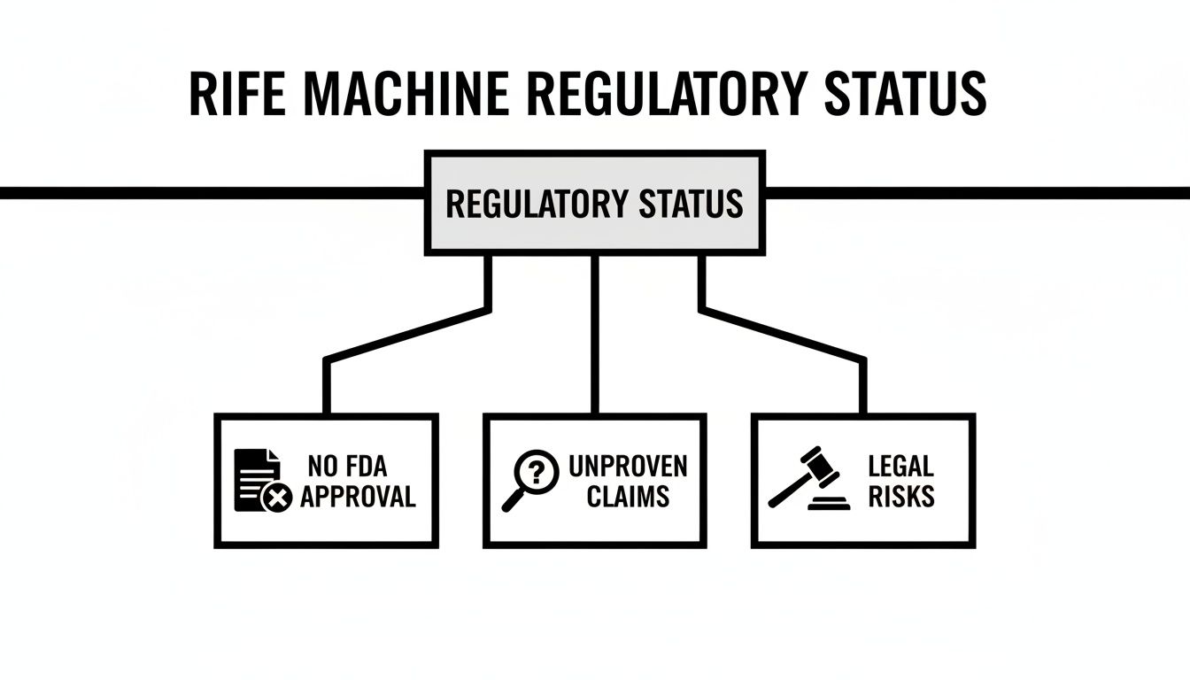 A diagram outlining the Rife Machine Regulatory Status with branches for No FDA Approval, Unproven Claims, and Legal Risks.