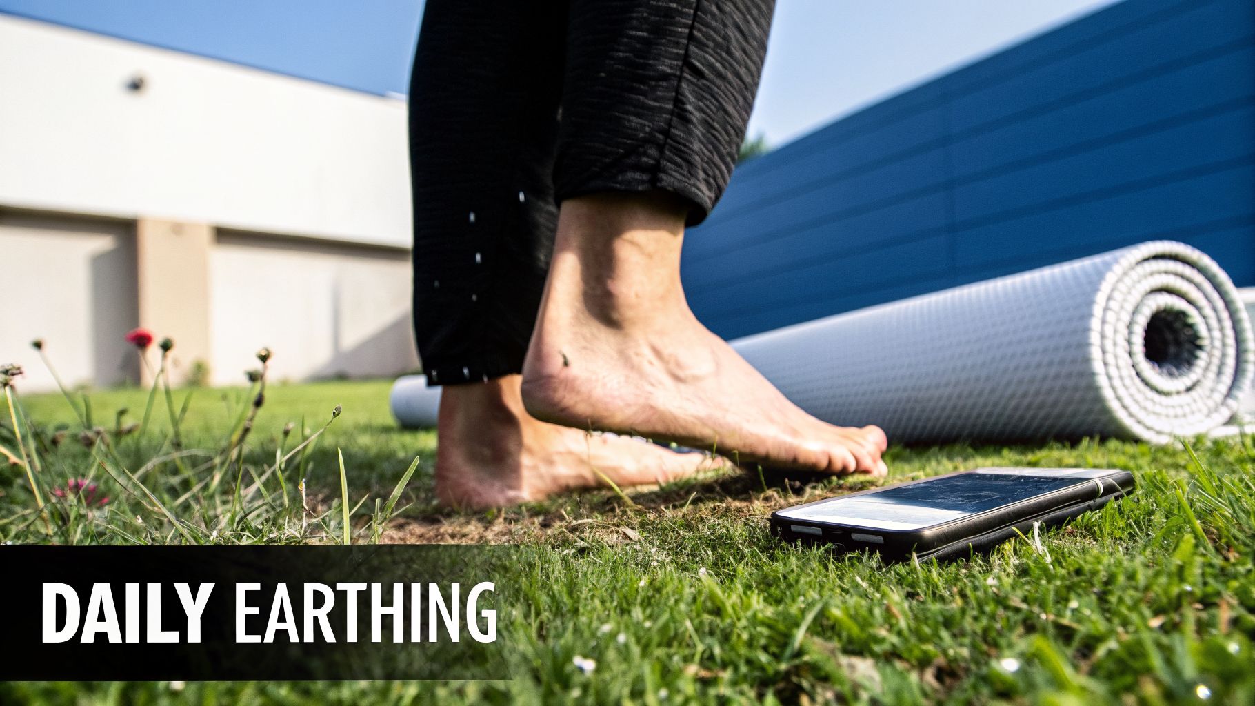 Bare feet on lush green grass with a yoga mat and phone, illustrating daily earthing.
