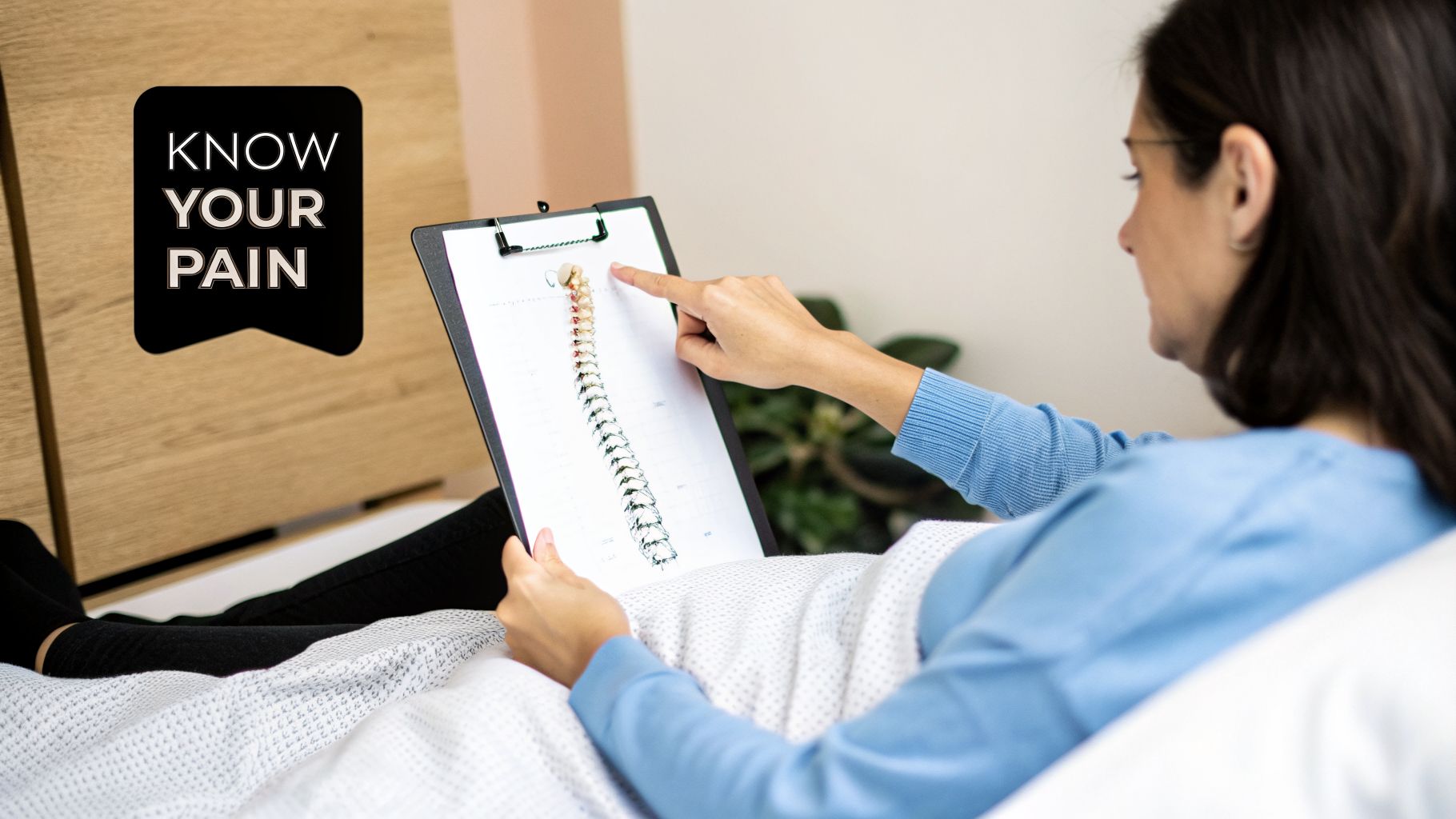 A person in bed points to a spinal diagram on a clipboard, assessing back pain.