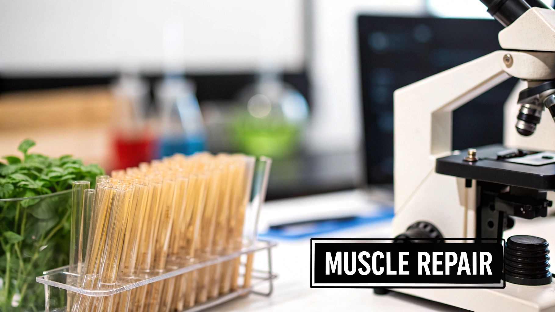 Laboratory scene with test tubes, green plants, and a microscope, featuring 'MUSCLE REPAIR' text.