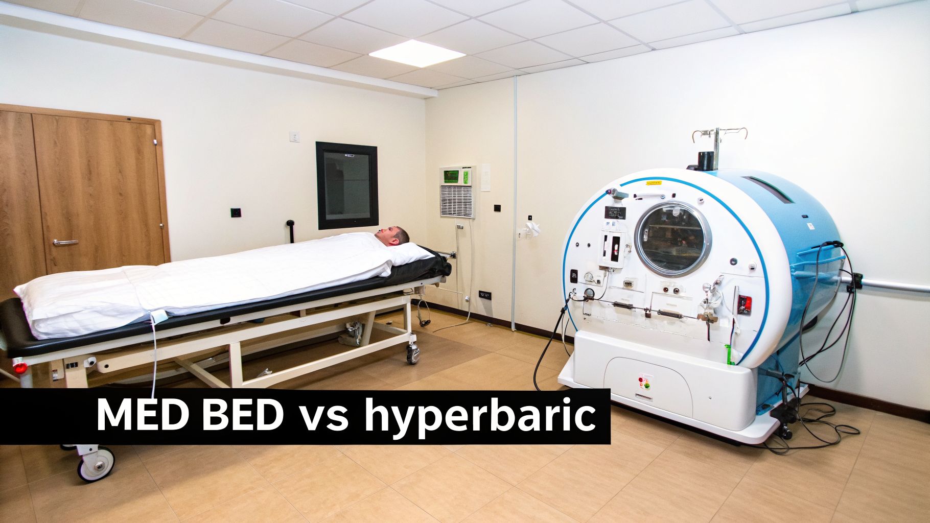 A man lies on a medical bed next to a large hyperbaric oxygen therapy chamber in a clinic room.