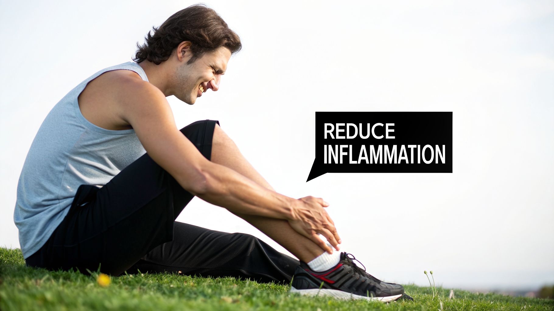 A man grimacing in pain while holding his ankle on the grass, with a "REDUCE INFLAMMATION" thought bubble.