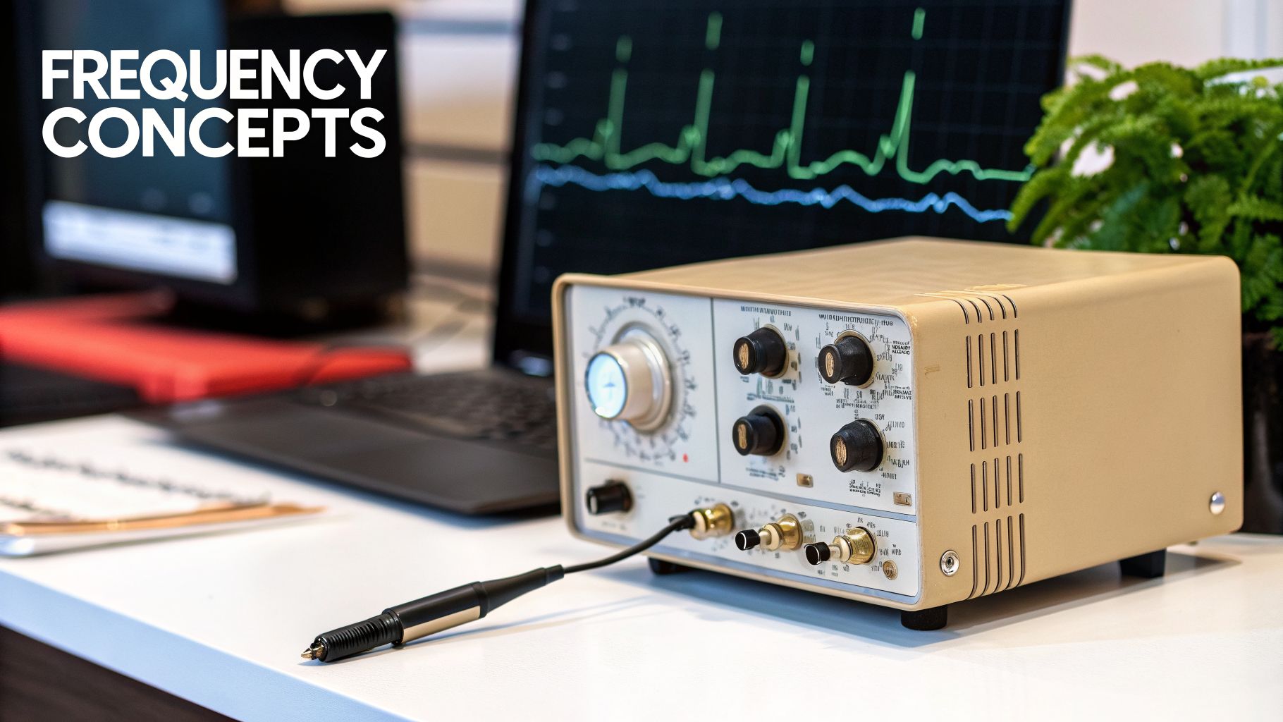 A vintage Rife machine connected to a laptop displaying waveforms and 'FREQUENCY CONCEPTS'.