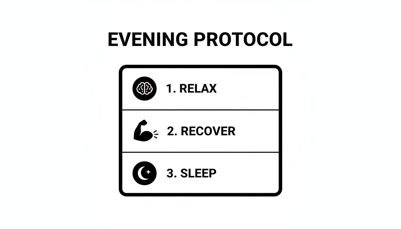 An evening protocol infographic showing three steps: 1. Relax (brain icon), 2. Recover (muscle icon), 3. Sleep (moon and star icon).