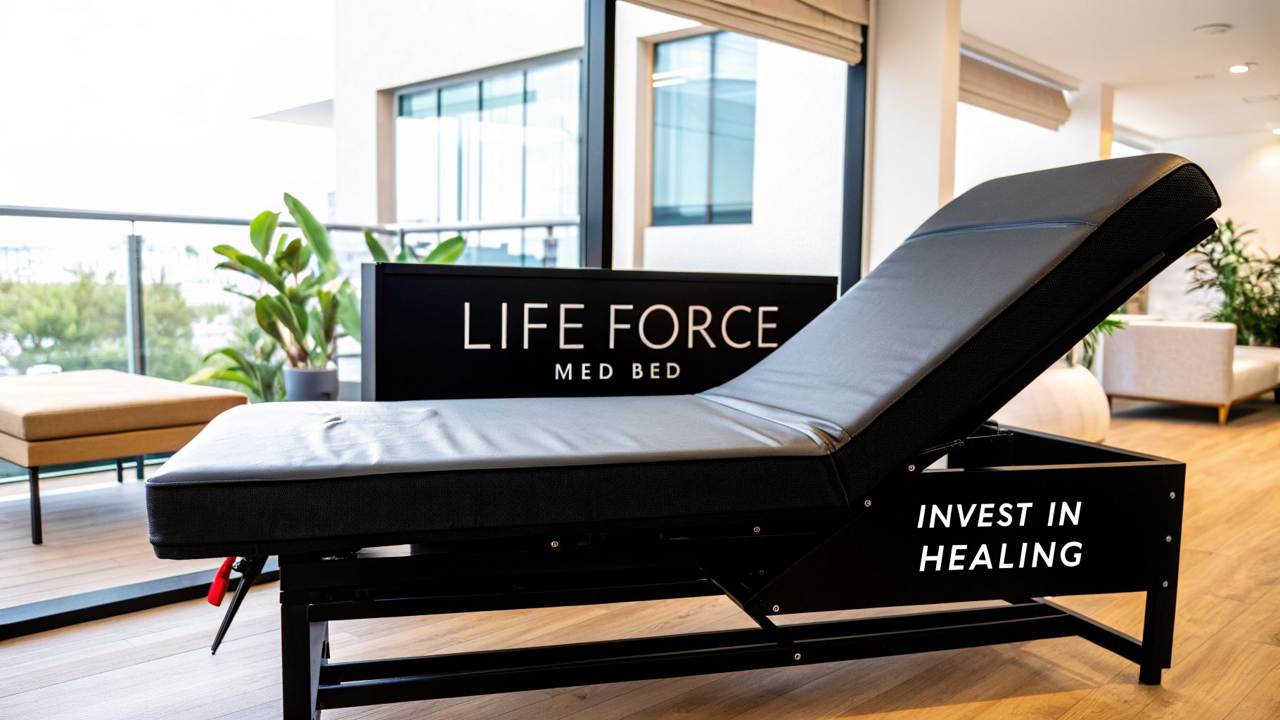 A black and grey Life Force Med Bed with 'INVEST IN HEALING' text in a modern room.
