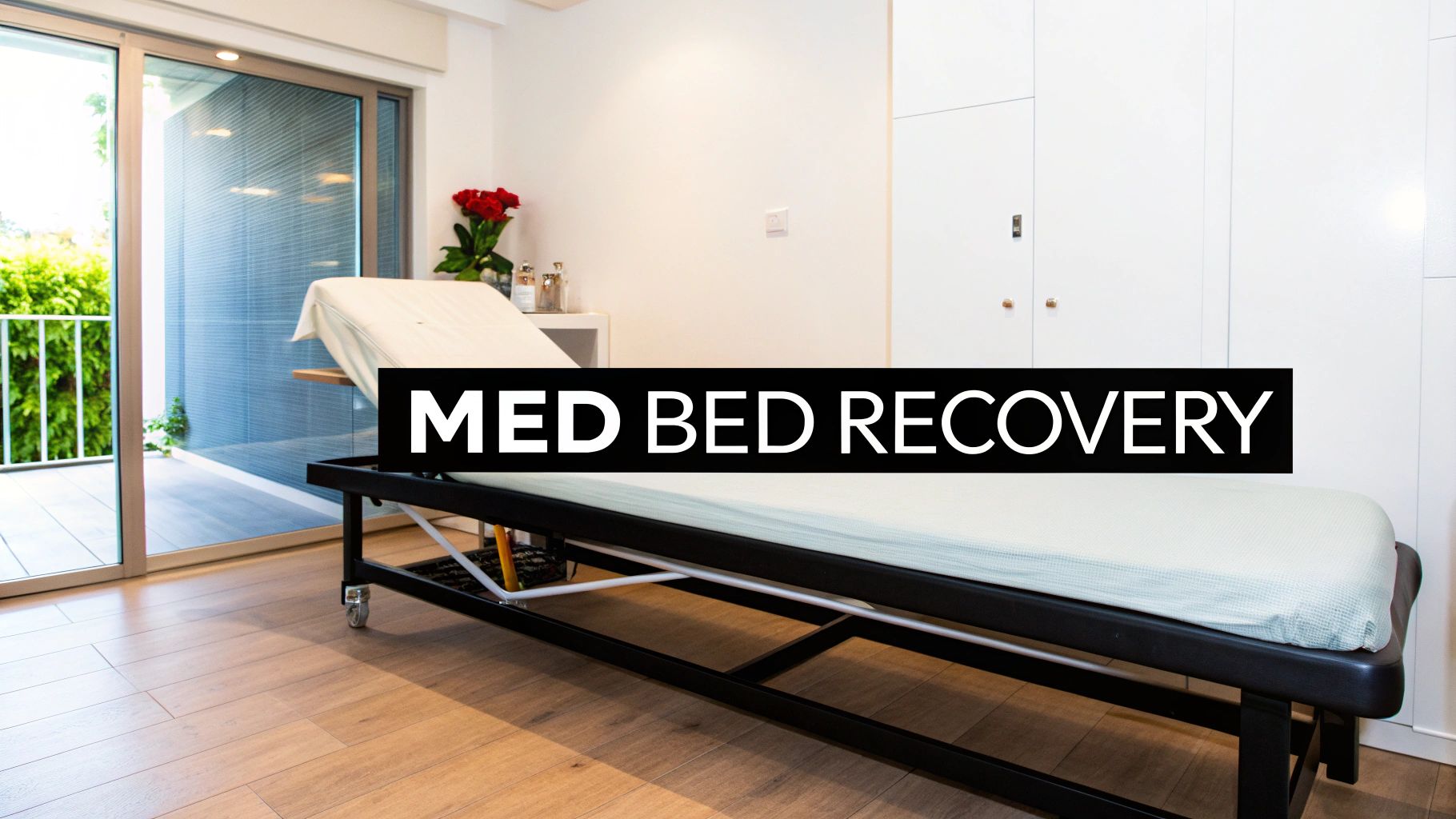A bright room with a medical bed, another examination table, and a view of a balcony, featuring 'MED BED RECOVERY' text.