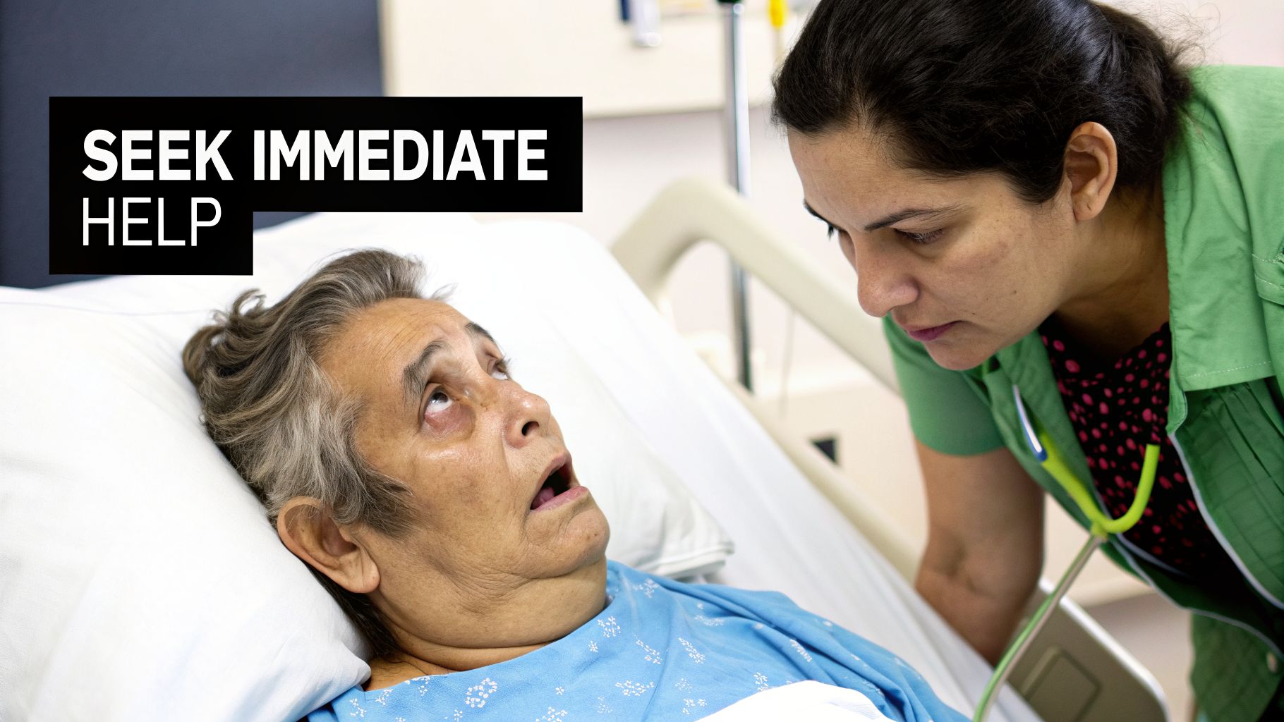 Elderly patient in hospital bed looks distressed, attended by a concerned healthcare worker, with 'SEEK IMMEDIATE HELP' text.