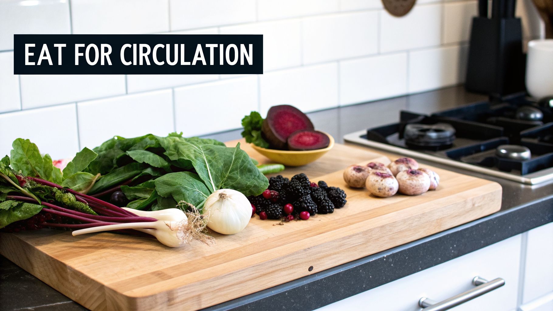 A cutting board with fresh produce like beets, greens, onions, and berries, in a kitchen.