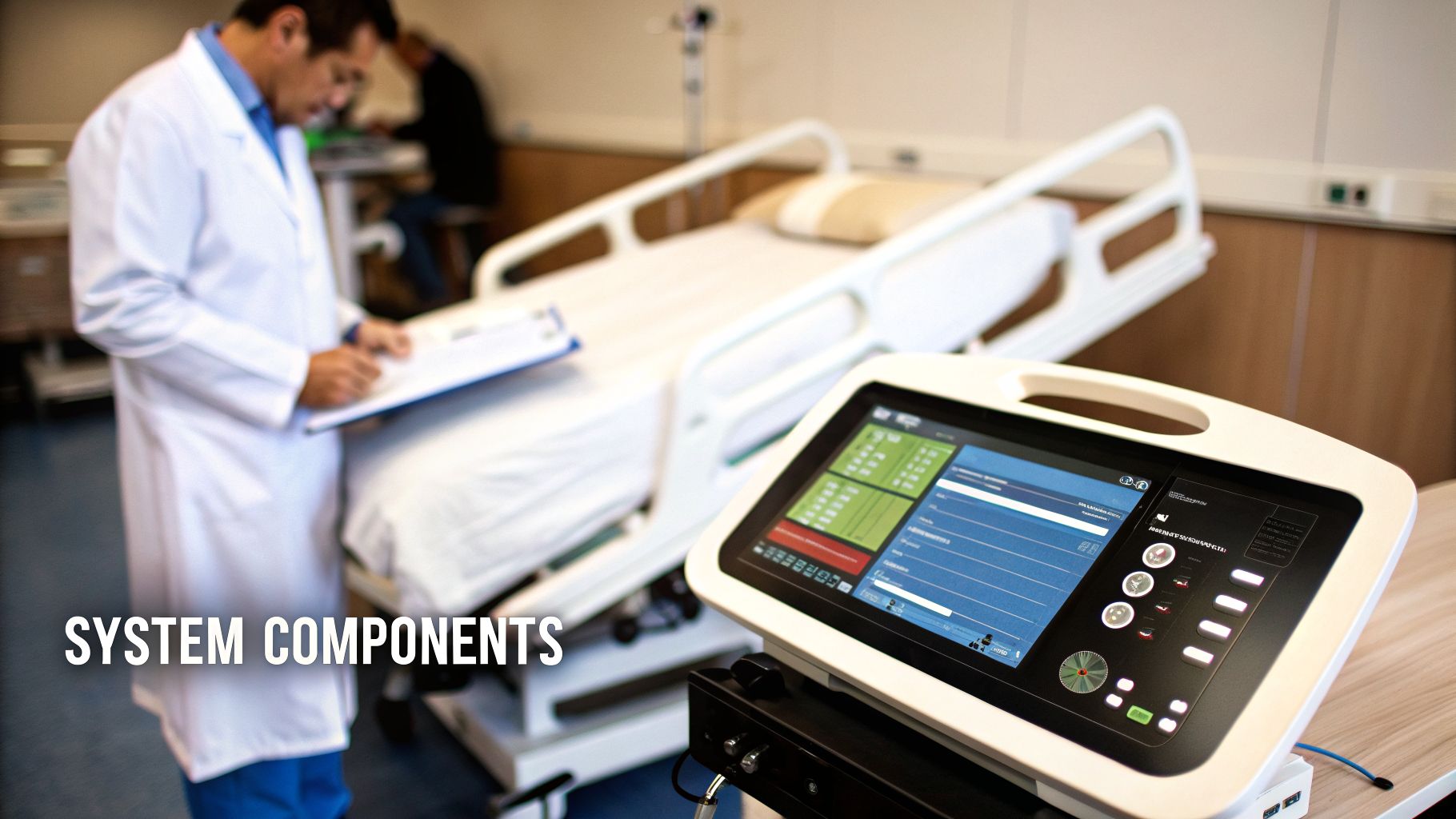 A doctor in a white coat stands by a hospital bed, with a medical system monitor in the foreground.