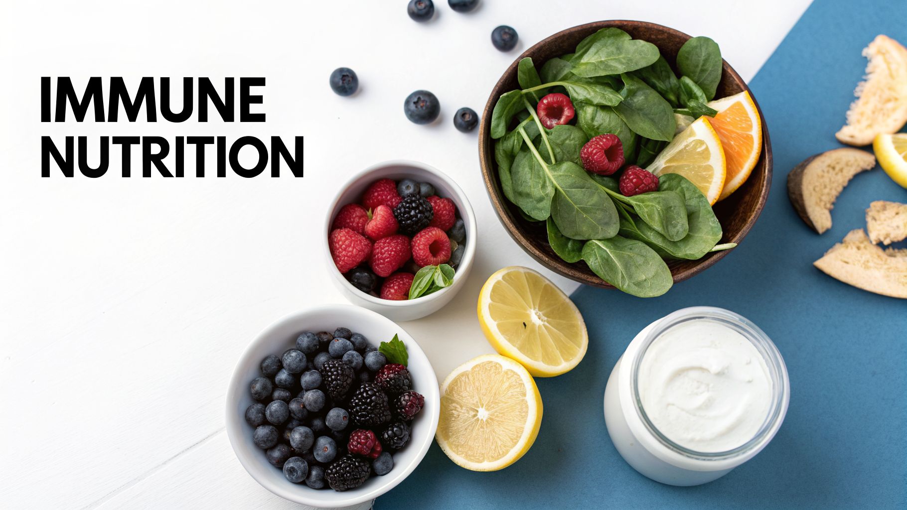A top-down view of healthy foods like berries, spinach, lemons, and yogurt for immune support.