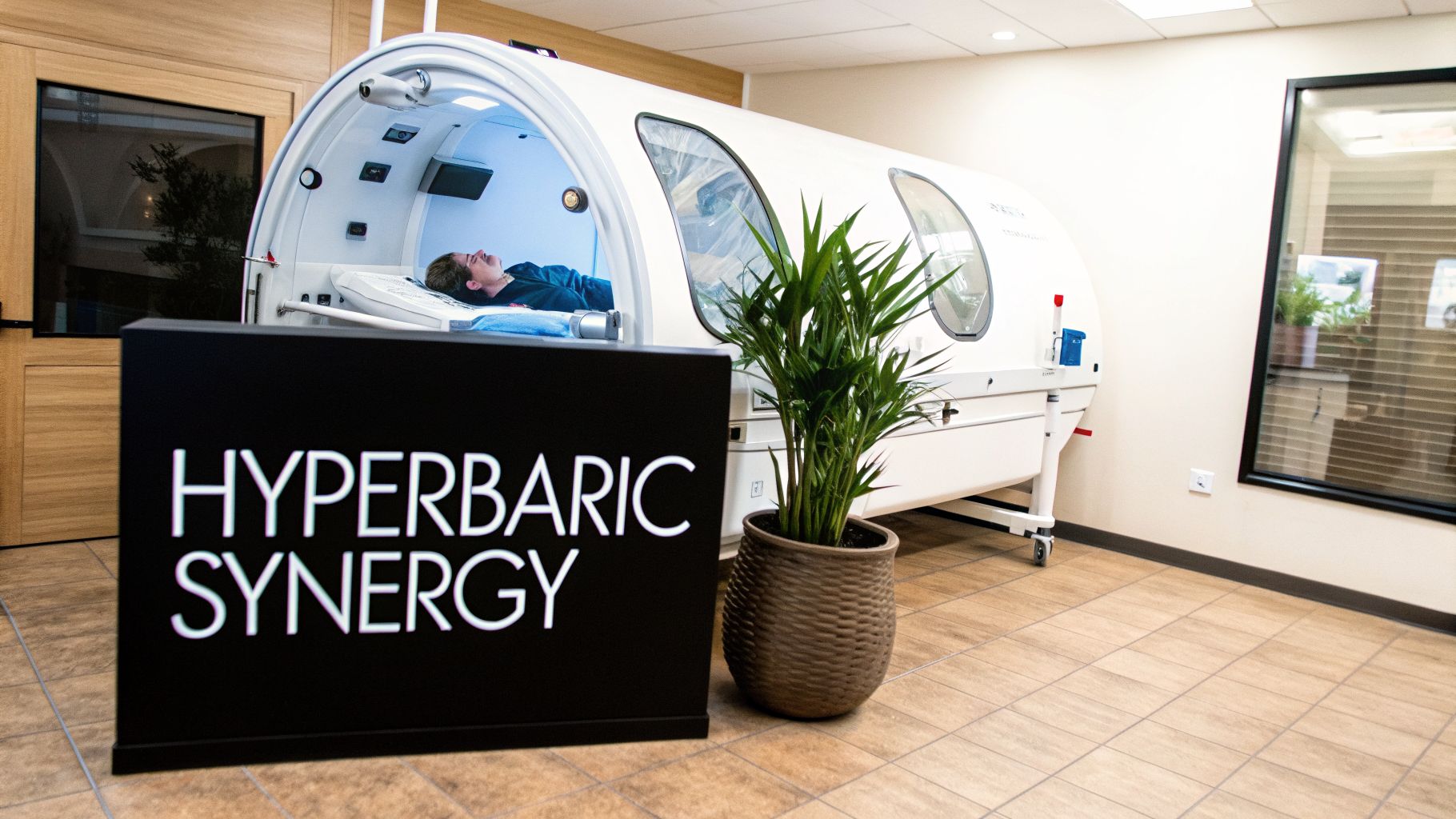 A man inside a hyperbaric chamber, with a 'Hyperbaric Synergy' sign in the foreground.
