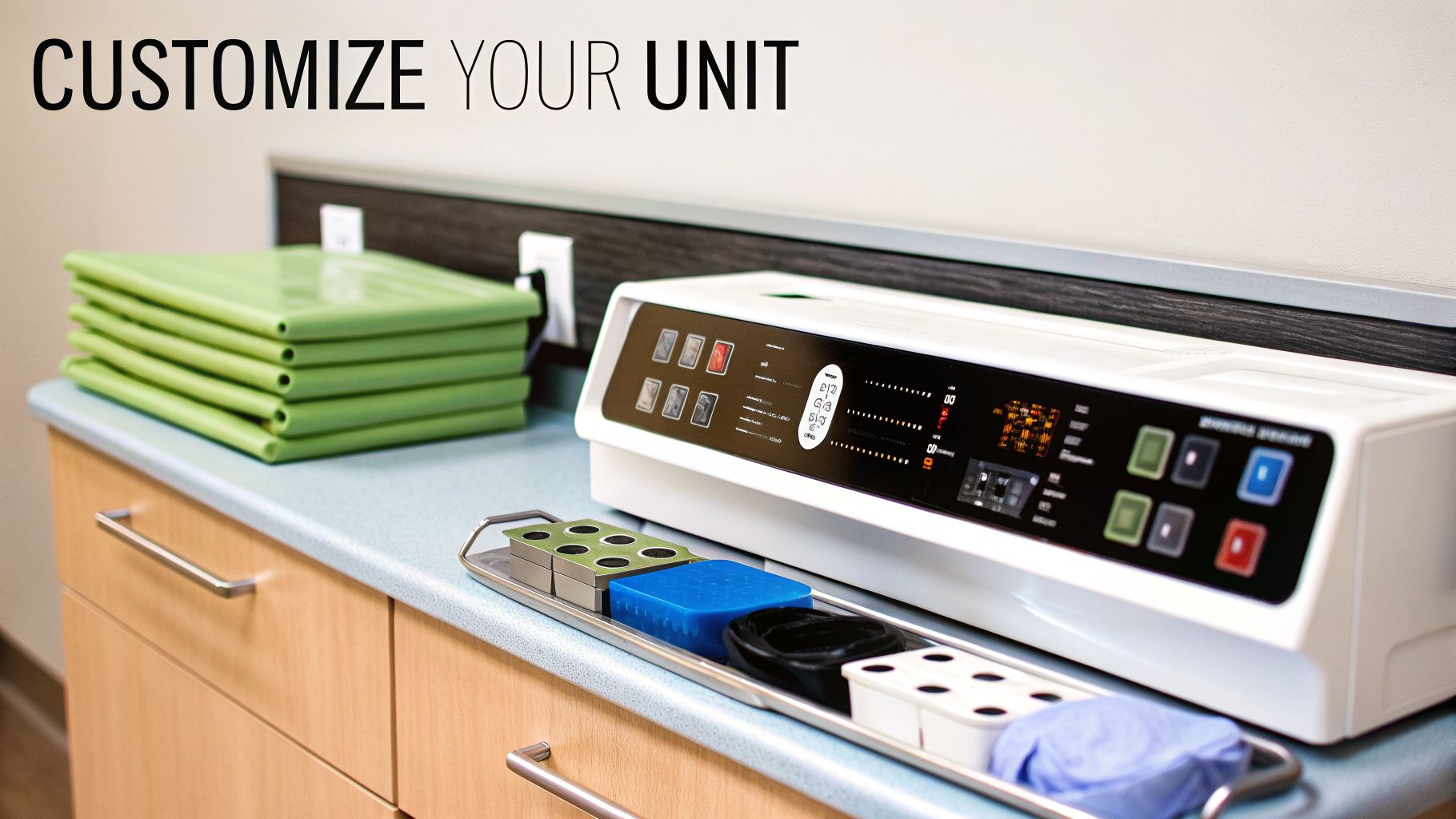 A white medical unit and assorted lab supplies on a countertop in a healthcare setting.